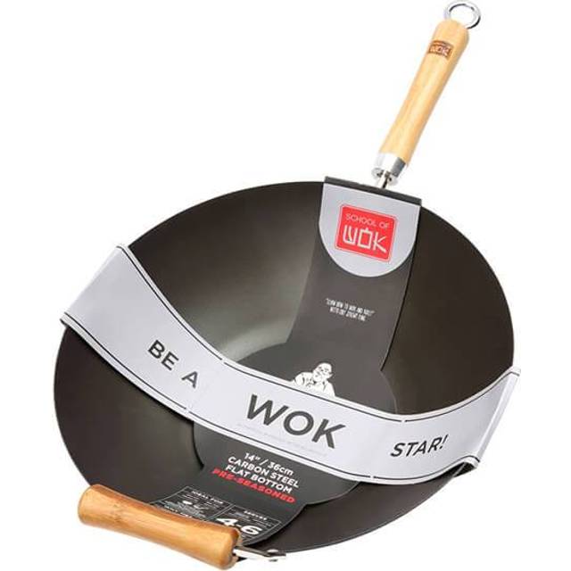 School of Wok by Dexam 14"/36cm Pre-Seasoned Carbon Steel Wok, Black