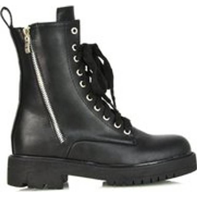 'Bianca' Flat Combat Lace up Chunky Military Ankle Boots - Black - 8