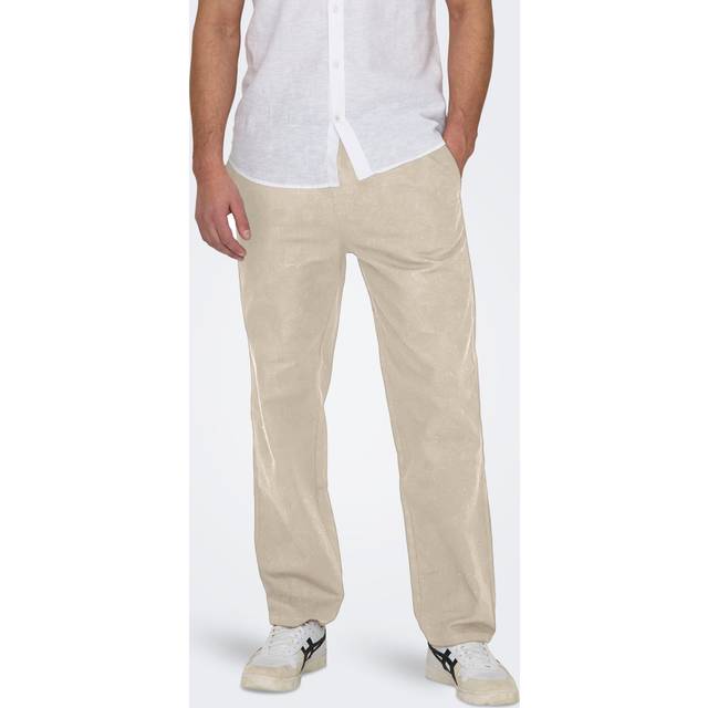 Only & Sons Men's Stone Relaxed Cotton Linen Blend Trousers New Look - L
