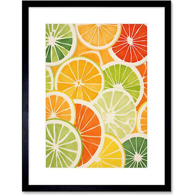 Wall Art Print Slices of Limes Oranges and Grapefruit Bright Watercolour Painting Kitchen Artwork Framed 9X7 Inch - Black - W7 inch x H9 inch