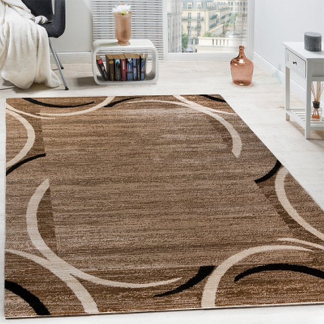 Living room rug designer border flecked brown black cream unbeatable deal
