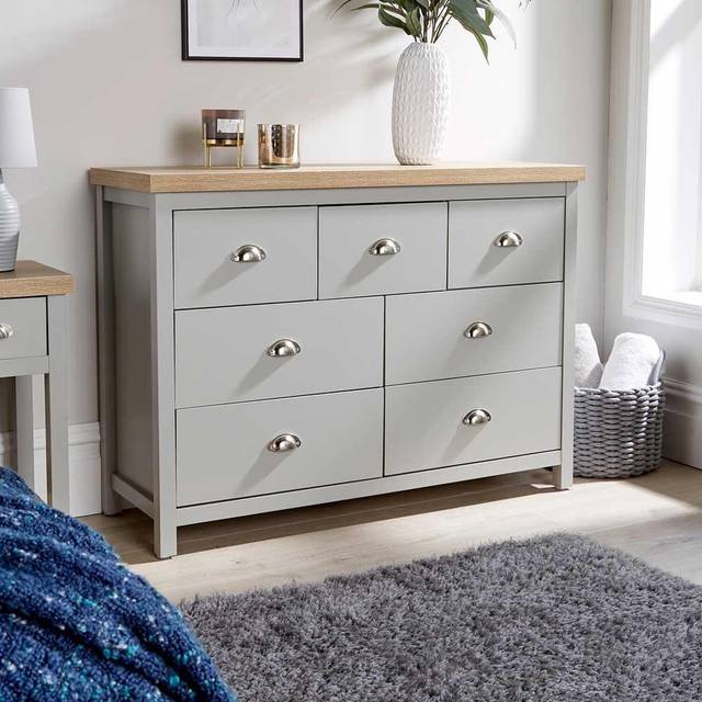 Wide 7 drawer chest of drawers grey storage metal cup handles 36mm oak top