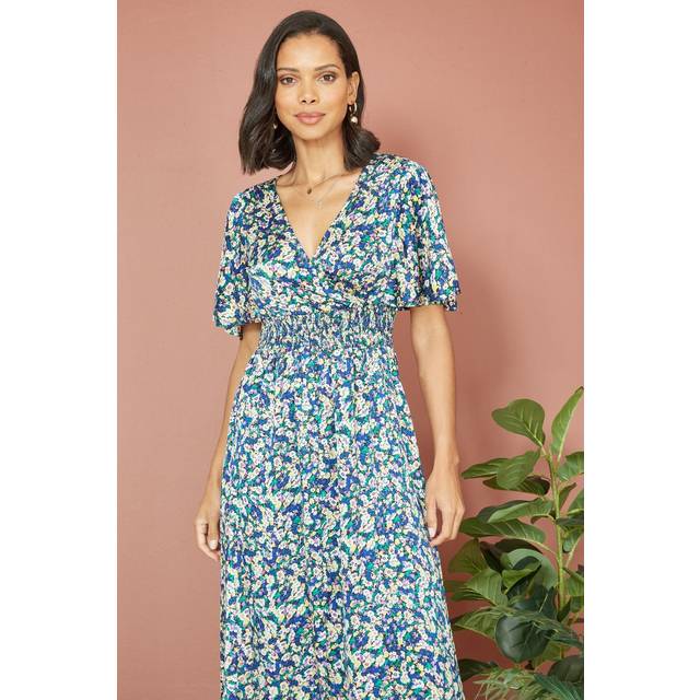 Yumi Womens Blue Satin Ditsy Print Wrap Maxi Dress - Size 12 UK