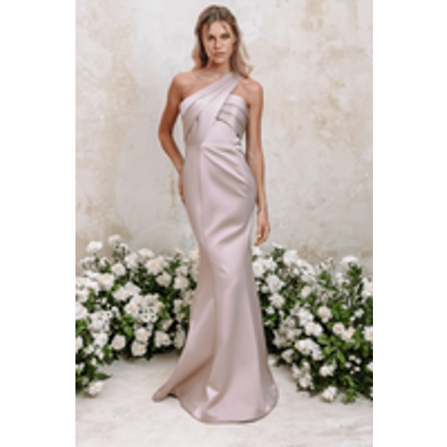 Lavish Alice SHAILENE Bonded Satin Asymmetric Maxi Dress In Mink XS UK6 - printed