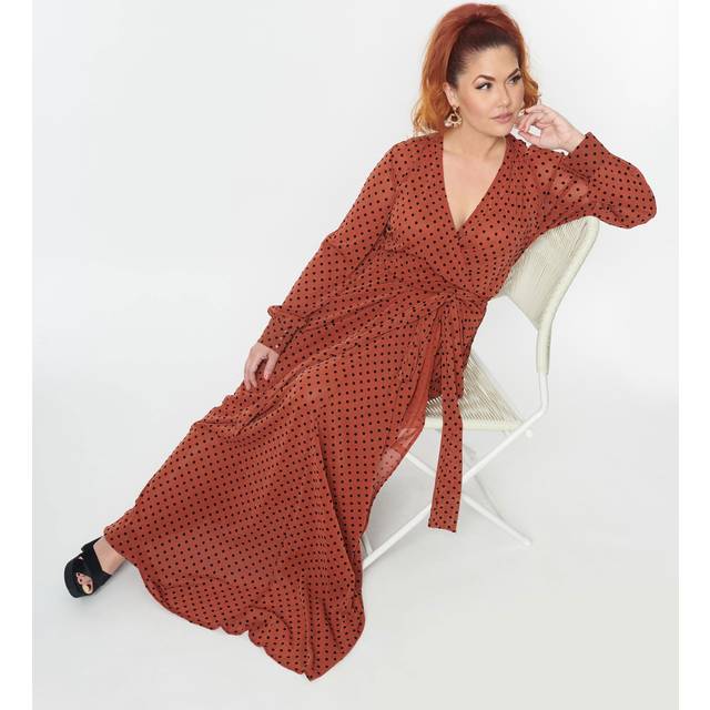 Unique Vintage 1970S Rust & Black Polka Dot Farrah Maxi Dress - Small/4