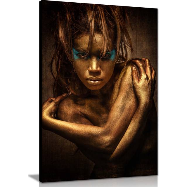 Panther Print Fine Art Prints Woman in Golden Body Paint Portrait Artistic Framed Canvas Prints, Pictures for Home Walls, Bedroom, Living Room and Bat (46cm H x 31cm W)