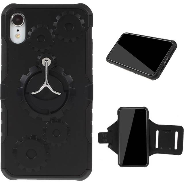 IPhone 9 mobilskal silikon plast utfällbart ben kugghjulsmönster tillkommer armband - Svart
