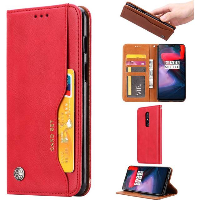 OnePlus 6 mobilfodral PU läder stående korthållare - Röd