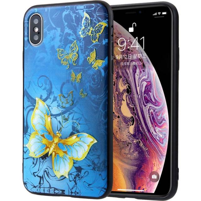 iPhone Xs Max hybridfodral med prägling - Guld Och Blå Fjärilar