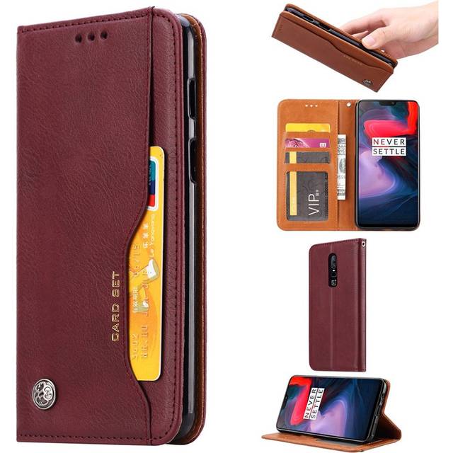 OnePlus 6 självabsorberande flipfodral i läder - Vinröd
