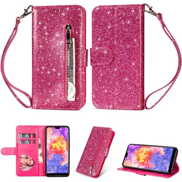 Zipper läder Huawei P20 Pro fodral med plånbok - Rosa