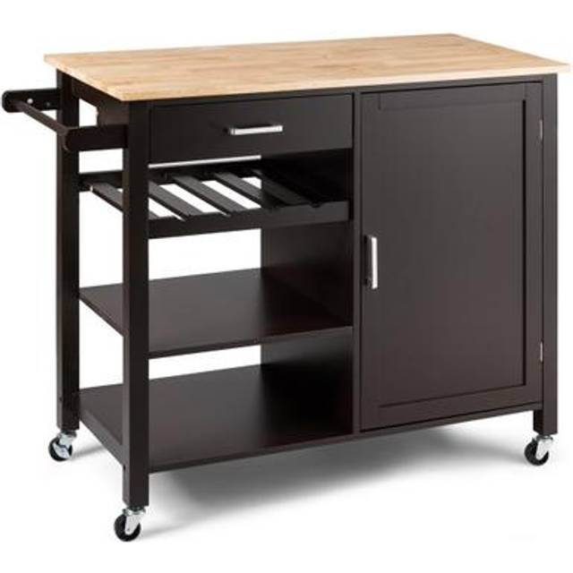 Rolling Kitchen Island Cart with Wine Rack and Adjustable Shelf-Brown