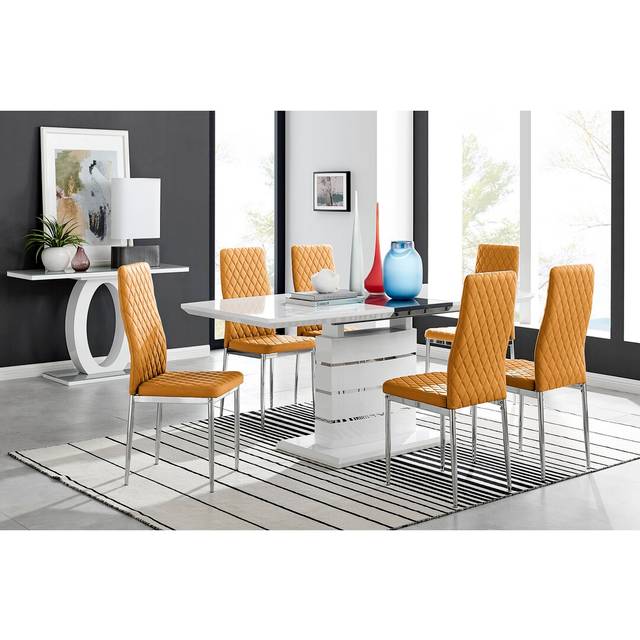 Renne Modern High Gloss Extendable Dining Table Set With 8 Quilted Faux Leather Dining Chairs - Mustard