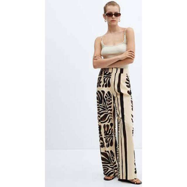 Mango Printed Cotton Linen Trousers Brown Multi-Coloured - Mango - Size: XXL