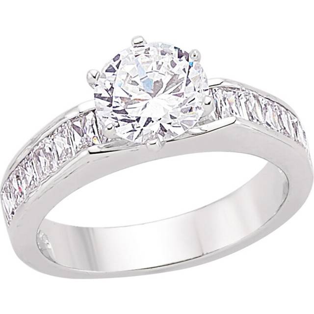 (Q) Jewelco London Ladies Rhodium Sterling Silver Baguette Cubic Zirconia Shoulder-Set Halo Solitaire Engagement Ring