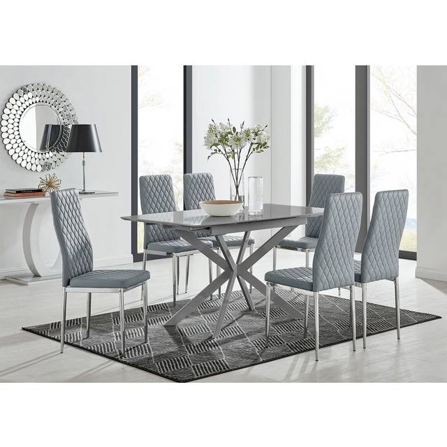 Eubanks Modern High Gloss Extendable Dining Table Set with Luxury Faux Leather Dining Chairs - Grey (6)