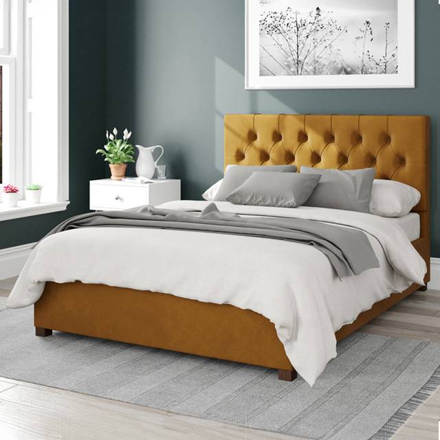 Aspire Olivier Upholstered Ottoman Storage Bed, Plush Velvet Fabric in Mustard | Size: Super King