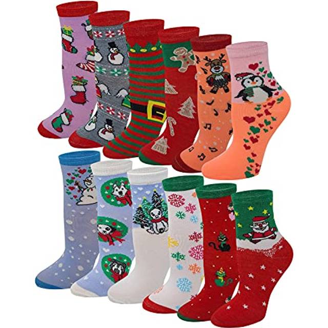 Ayla 12 Pairs Pack Kids Girls Colorful Creative Fun Novelty Design Crew Socks (4-6, Christmas)