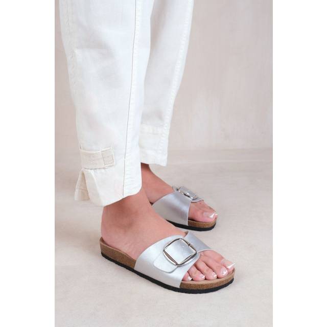 Where's That From Sequoia Silver Single Strap Buckle Flat Sandals