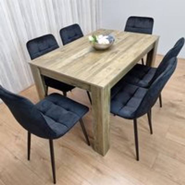 Kosy Koala - Dining Table and 6 Chairs Rustic Effect Wood Table 6 Black Velvet Chairs Dining Room