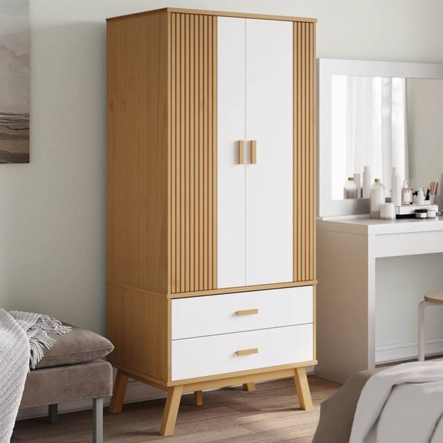 vidaXL Wardrobe Closet Clothes Storage Cabinet White and Brown Solid Wood Pine