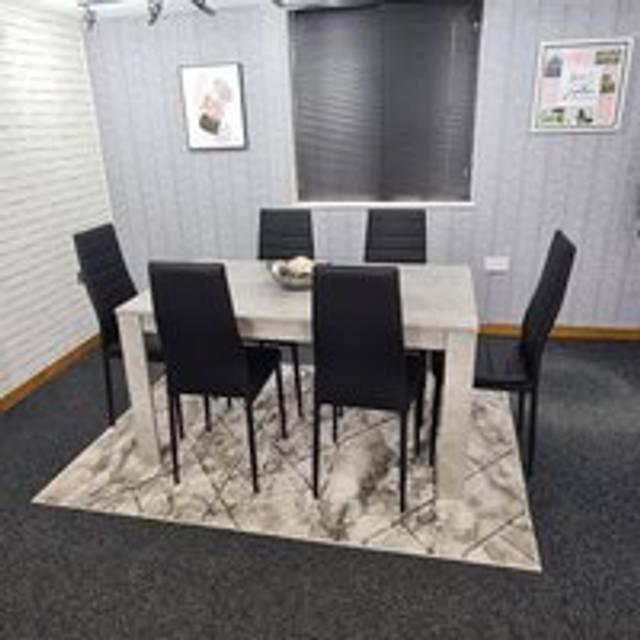 Portland Leather 6 Seater Dining Set Stone Grey and Black
