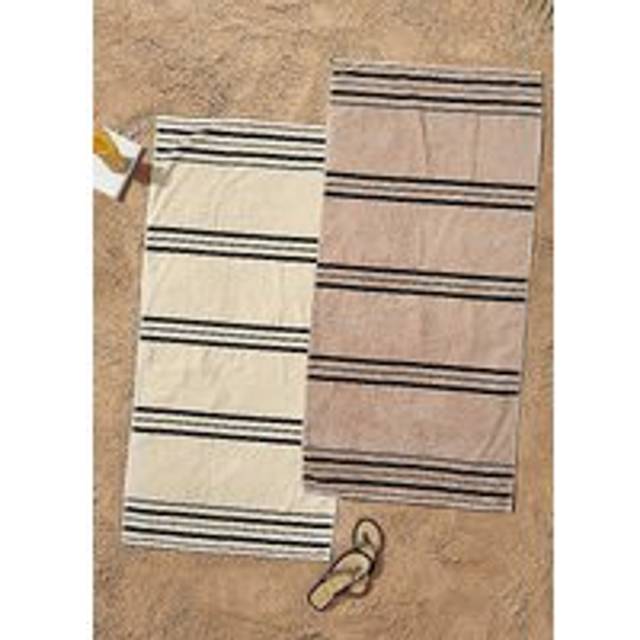 Banded Stripe Cotton Beach Towel Pair - Black;Beige;Cream (Beach Towel)