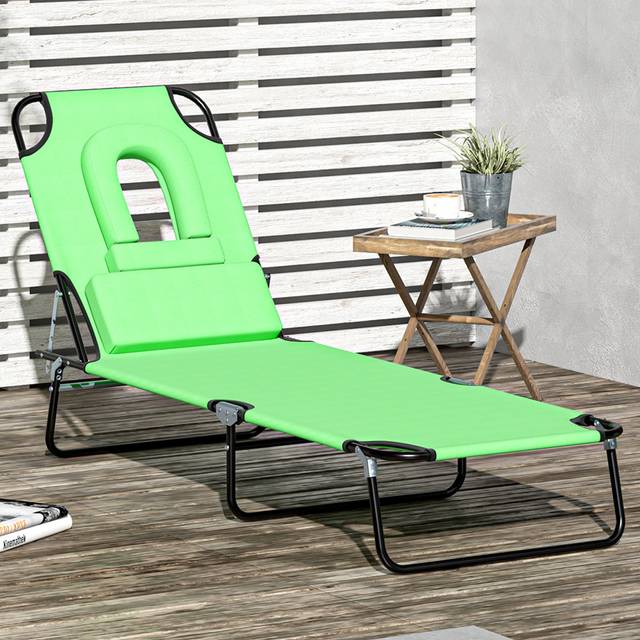 Outsunny Green Foldable Sun Lounger with Reading Hole - 1 Seater