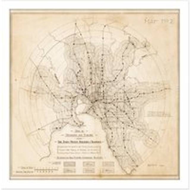 Wall Art Print Map Transport Mmtb 1922 Melbourne Trams Trains Replica Square Framed Picture 16X16 Inch - White - W16 inch x H16 inch