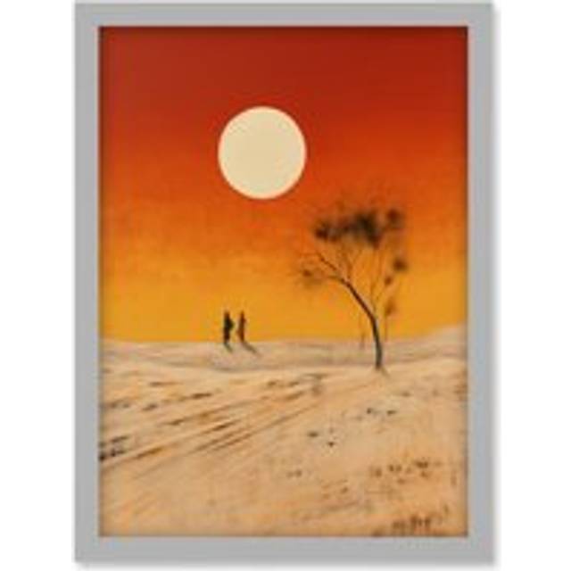 Wall Art Print Desert Landscape Sunset Sun Oil Painting Amber Orange Yellow Windswept Dunes Artwork Framed A4 - Grey - A4