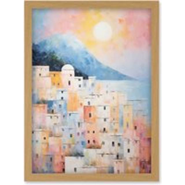 Wall Art Print Santorini Whitewashed Buildings Pastel Colour Oil Painting Orange Pink Blue Sunrise Fira Coastal City Artwork Framed A4 - Tan - A4