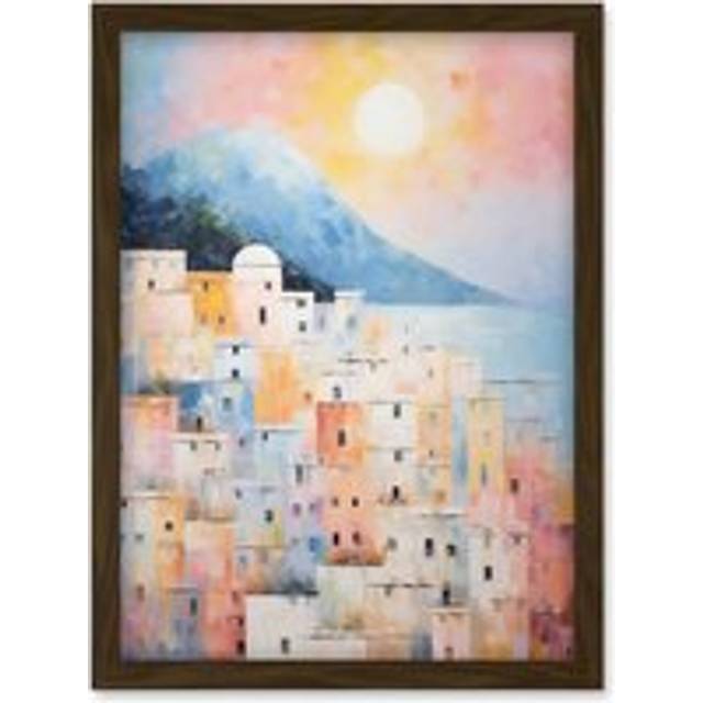 Wall Art Print Santorini Whitewashed Buildings Pastel Colour Oil Painting Orange Pink Blue Sunrise Fira Coastal City Artwork Framed A4 - Black - A4