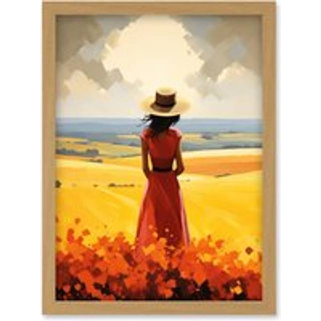 Wall Art Print Golden Countryside by the Sea Oil Painting Woman Looking over Horizon in Coastal Farmland Landscape Artwork Framed A4 - Tan - A4