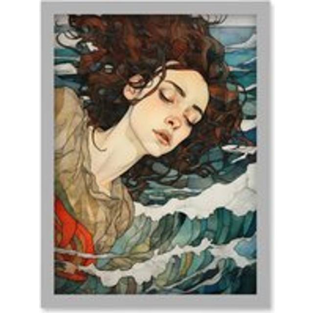 Wall Art Print Dreaming of the Sea Woman Sleeping Egon Schiele Style Watercolour Painting Red Brown Blue Carried by Waves Artwork Framed A4 - Grey - A