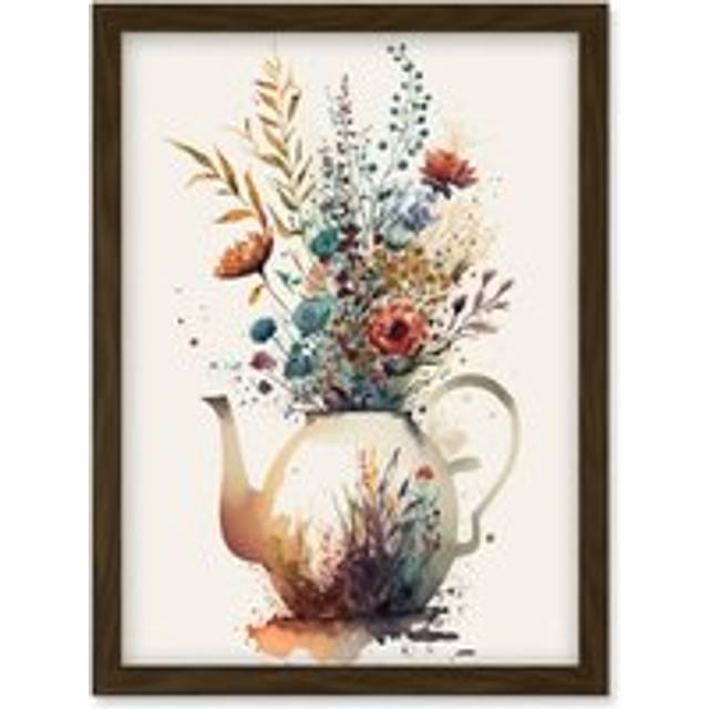 Wildflower Bouquet Teapot Vase with Floral Design Artwork Framed Wall Art Print A4 - Brown - One Size