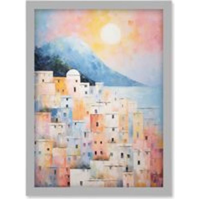 Wall Art Print Santorini Whitewashed Buildings Pastel Colour Oil Painting Orange Pink Blue Sunrise Fira Coastal City Artwork Framed A4 - Grey - A4