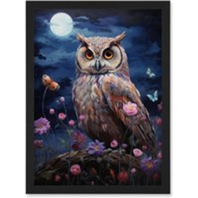 Wall Art Print Majestic Owl Portrait Oil Painting Great Horned Purple Pink Blue Full Moon in Spring Meadow with Wildflowers Artwork Framed A4 - Black
