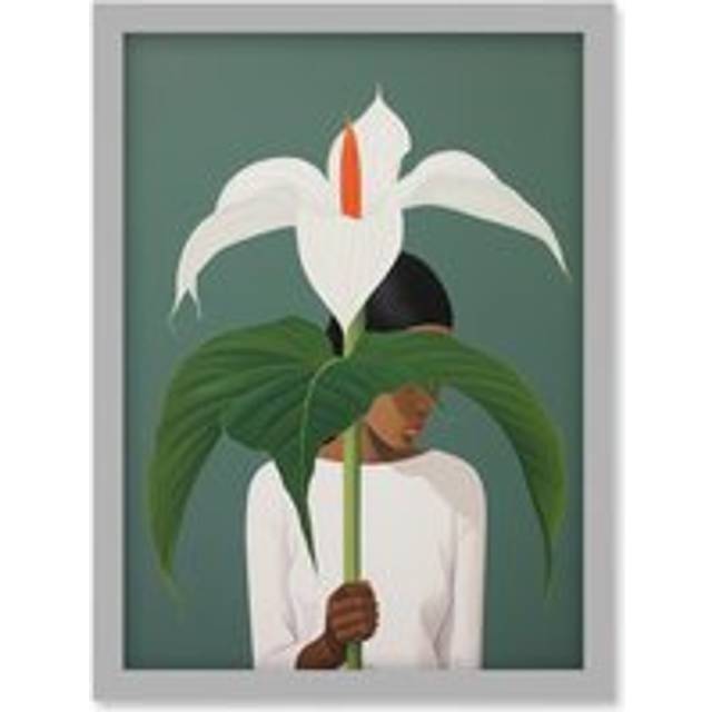 Wall Art Print Giant Peace Lily Showcase Realistic Oil Painting White Teal Green Woman with Flower Minimalist Artwork Framed A4 - Grey - A4