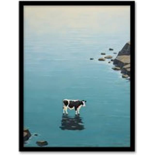 Wall Art Print A Cow at Sea Surreal Seascape Oil Painting Blue Grey White Magical Realism Bathroom Artwork Framed - W12 inch x H16 inch