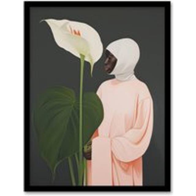 Wall Art Print Peace Lily Sensation Oil Painting Grey Green Pink Woman with a Single Giant Flower Artwork Framed - W12 inch x H16 inch