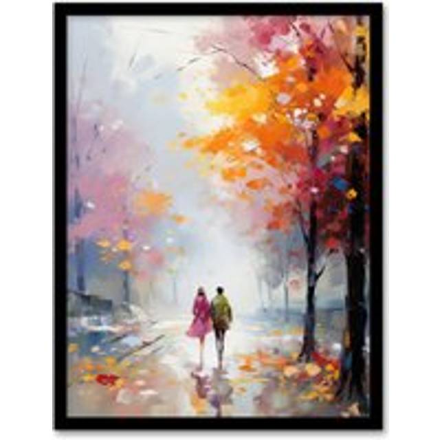 Wall Art Print Lovers Autumn Walk Painting Orange Pink Couple in Park Framed Art - Multi - W12 inch x H16 inch