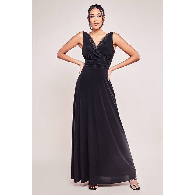 Goddiva Diamante & Scalloped Lace Neck Maxi Dress - Black - 16