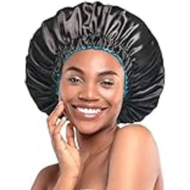 mikimini Satin Bonnet Pack med 2 för män och kvinnor, vändbar dubbellagers sovande sidenhuv för lockigt hår flätor med anti-halk justerbart breddat elastiskt band Super Large Soft (XL, svart/blå)