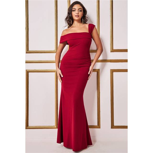 Off The Shoulder Pleated Waist Maxi Dress - Wine by Goddiva - 6
