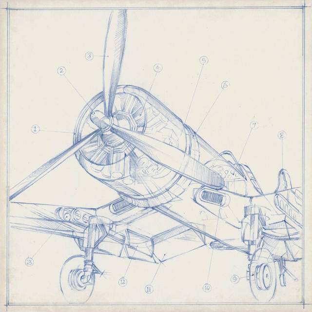 Airplane Mechanical Sketch II by Ethan Harper - Wrapped Canvas Drawing (76cm H x 76cm W)