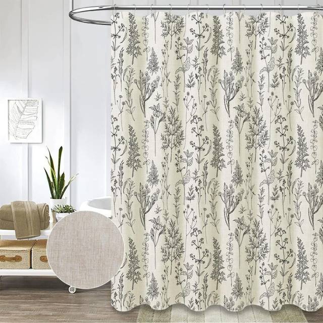 Rustic Leaves Linen Shower Curtain for Bathroom Heavy Duty 230GSM Textured Fabric Shower Curtain Set Cute Nature Herbs Design
