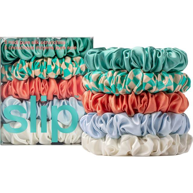 Slip Womens White/green/pink Midi Elasticated Silk Scrunchies Pack of Five - White/Green/Pink