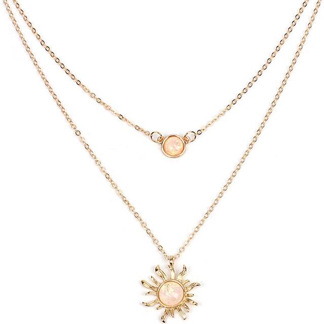 COLORFUL BLING Double Chains Moon and Sun Layered Choker Necklace Sunflower Opal Pendant Necklace Gift for Women-A Double Gold Sun