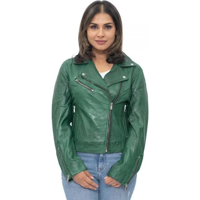 (2XL) Ladies Biker Style Green Leather Womens Jacket
