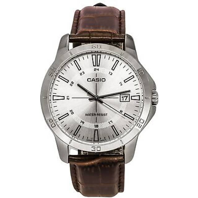 Casio Standard Analog Brown Leather Strap Silver Dial Quartz MTP-V004L-7C Men&#39;s Watch